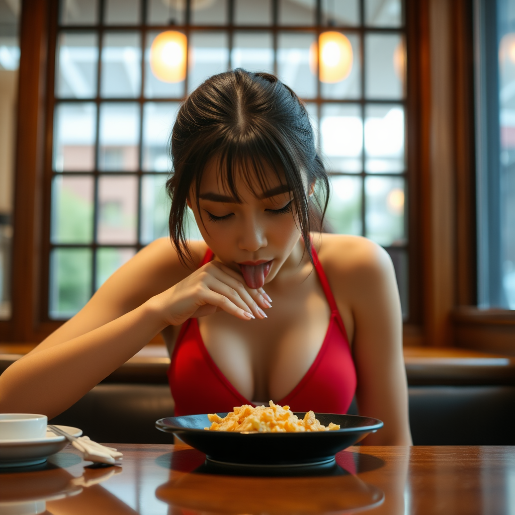 photo low angle shot Ayame Goriki wearing sports bra sitting at a table. Her head is down and she is licking something on her plate