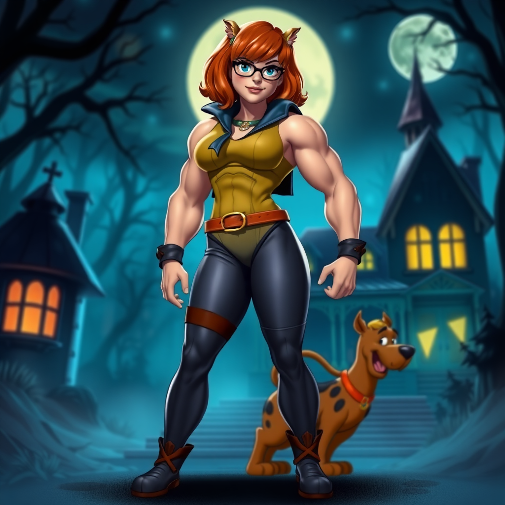 Create a full-length rendered image of a hybrid character inspired by Velma Dinkley, incorporating the silhouette of a male bodybuilder. Maintain the iconic costume elements, adjusting them to fit the new, muscular proportions. Design a vibrant background reflecting the essence of mystery and adventure, drawing inspiration from classic Scooby-Doo settings. Include elements like a spooky mansion or a dark forest, enhancing the overall atmosphere while keeping the character's playful yet intelligent vibe intact. Ensure the image captures a balance between strength and the classic charm of Velma's persona.