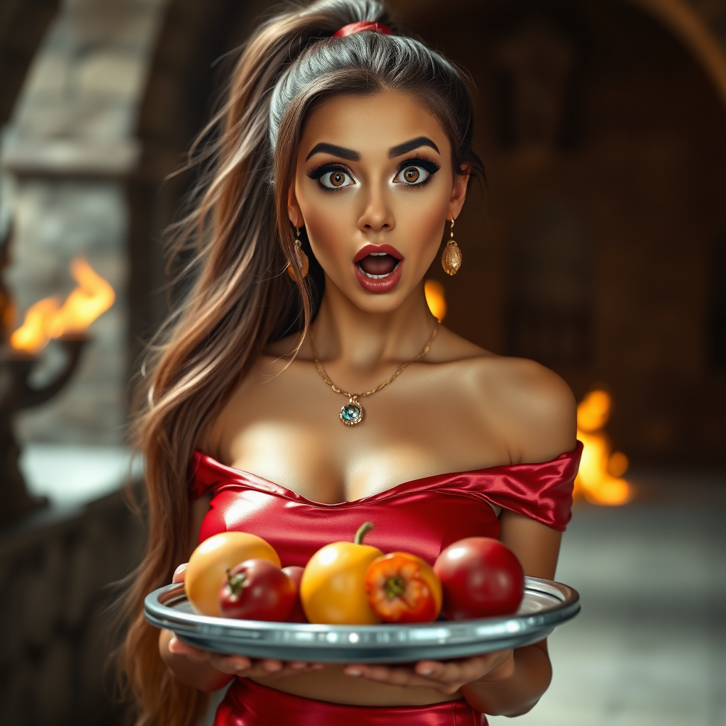 realistic photo of a surprised Arabian model with mouth open. She has very large eyes, black eyeshadow, black eyeliner, fake eyelashes, very tanned skin, very long hair. very high ponytail, she look likes princess jasmine, shinny red off shoulder crop top. photo realistic. She holds a metal tray with fruits just above her waist. crop top, shinny red skirt. full body view. shinny red pencil skirt. dungeon with fire torches in the background.