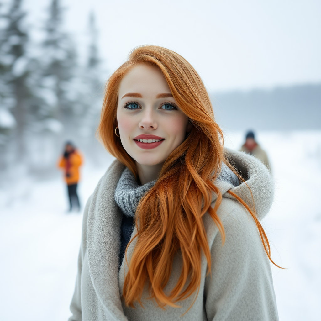 beautiful young elegant woman with ginger long hair, full lips, pale skin, on Alaska Juno happy in the snow