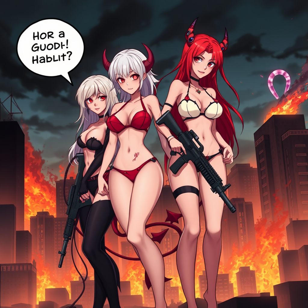 Anime, city on fire background, 4 mischievous tall-slender demon women, short blond hair, wearing sexy-micro bikini-bra-like clothing, micro g-string bikini, Womb tattoo on belly, mischievous wicked lusty smile, large breasts, full body, long legs, looking at viewer, speech bubble with a burning city, holding rifle, a building crumbling and exploding, 1 women has long-white hair with 2 middle fingers, a pink vagina-shaped portal opened afar, 2nd women has long-crimson hair and is wearing nothing but red-gem tit coverings 