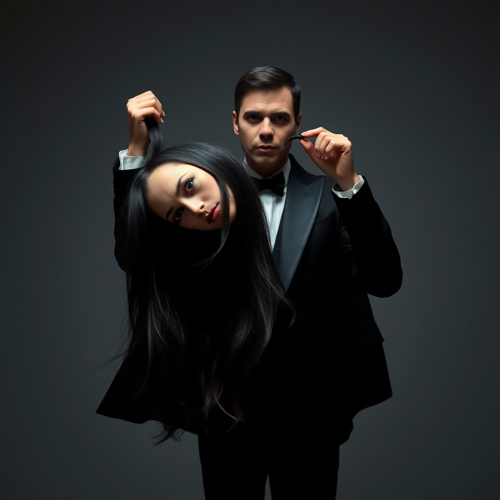 In a well lit room with stark minimalist decor, a magician stands confidently before the camera, his sharp silhouette contrasting against the plain gray background. The atmosphere is thick with a blend of intrigue and eeriness as he holds aloft the severed head of his long-haired female assistant. Her flowing locks cascade around his fingers, glistening dark and vibrant as they catch the light. The magician, with an enigmatic smile, leans forward, pressing his lips to her cold mouth in a disturbing display of affection.

The scene is quiet, except for the soft rustle of fabric as the magician’s cape drapes dramatically around him. A faint chill seems to fill the air, heightening the surreal and macabre nature of the tableau. The head’s lifeless eyes, framed by long lashes, still reflect a glimmer of magic and mystery, inviting the viewer to question the boundary between illusion and reality. The minimalist decor emphasizes the unsettling focal point of the performance, leaving the audience trapped in a moment that is both captivating and chilling.