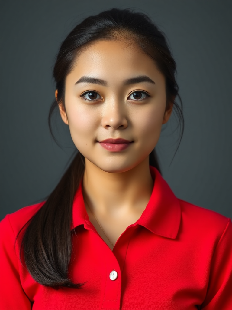 A Asian woman wearing a red long-sleeved polo shirt. full body, front view, looking at viewer.