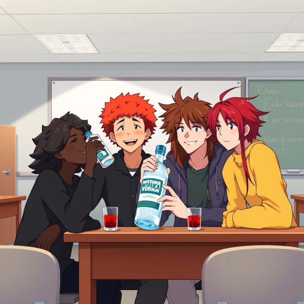 A black person with wavy hair, a short curly red-haired guy, a long-haired brown-haired guy, and a non-binary person with red hair are all drinking a bottle of vodka together in a classroom at school during a class in an anime style.