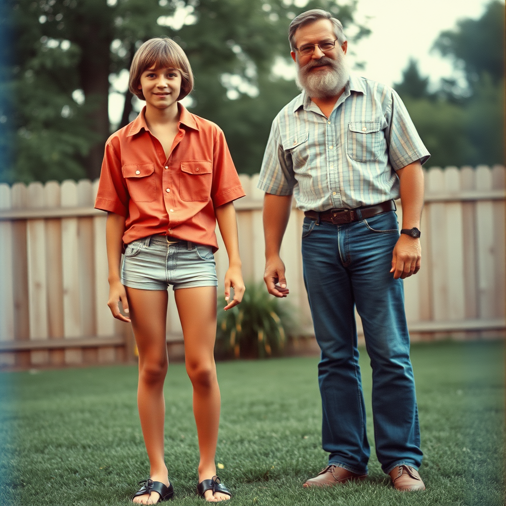 tall 14yo teen boy, long hair bob cut, wearing shirt and very tight booty shorts, long legs, narrow thighs, full-length front view. with bearded father wearing shirt, long jeans, shoes. 1970s. At backyard. photorealistic, ultra high resolution, 16K, Negative: grainy, blurry, bad anatomy, extra limbs, watermark.