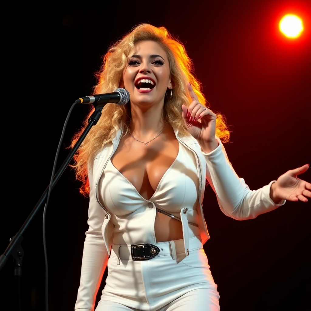 energetic, beautiful woman, age 24, very very large breasts, curly blonde hair, white leather top and pants, singing in front of a microphone, black background, warm lighting.