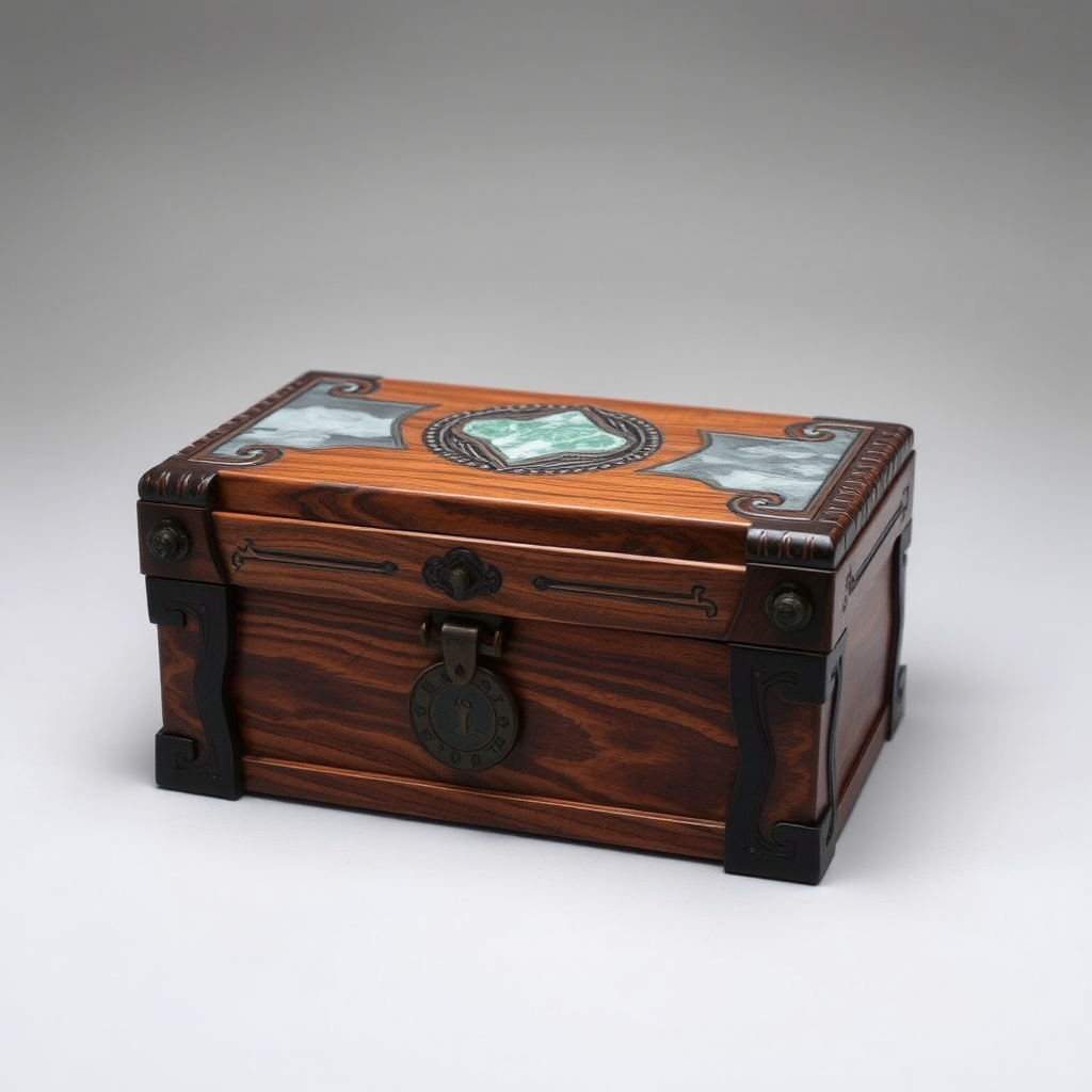 fantasy genre wooden box with stone inlay