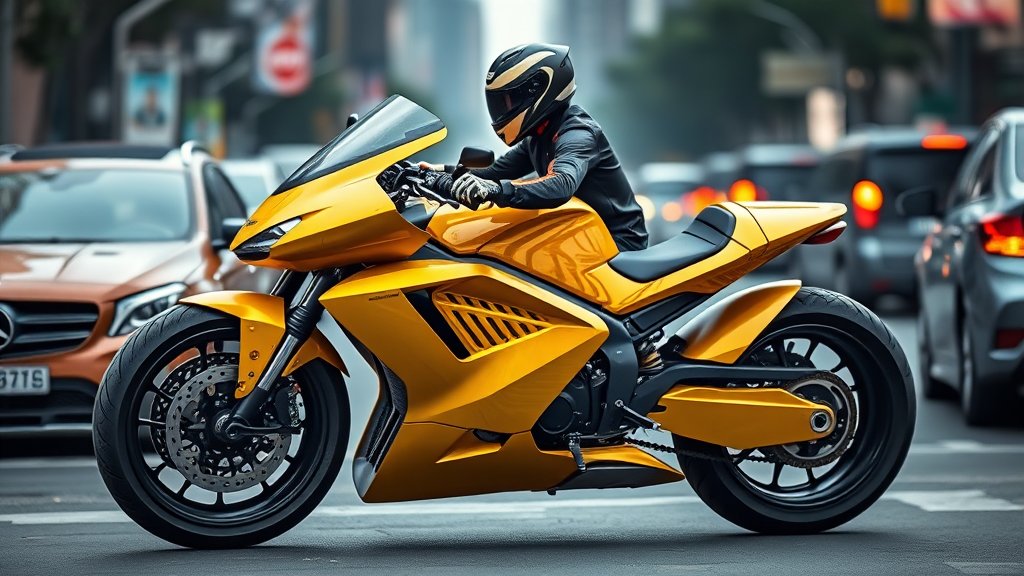 A photo of a futuristic custom motorcycle with a Porsche-inspired design. The motorcycle is chrome yellow and has an angular design. It is parked in a city with heavy traffic. There is a driver wearing a helmet and gloves. The background is blurred due to the telephoto bokeh effect.