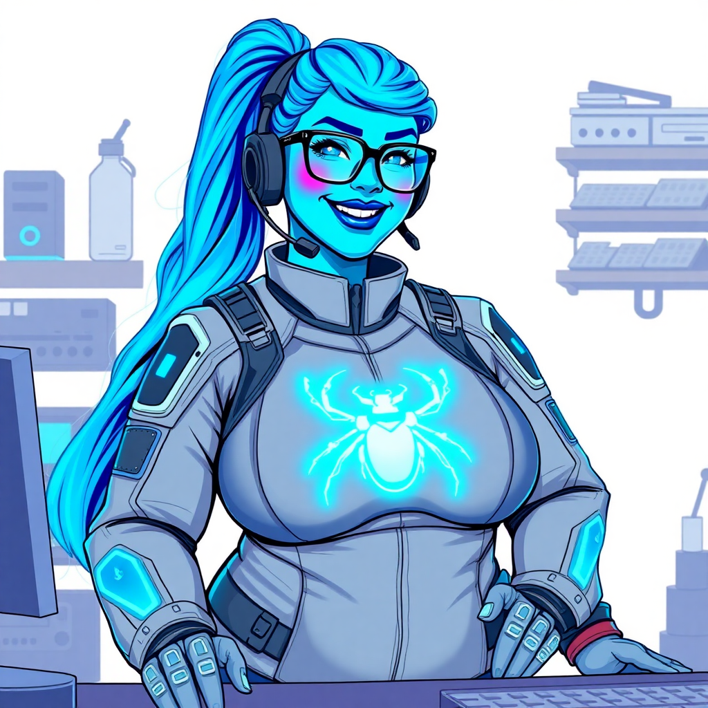 A nerdy, full figured neon blue skinned 29-year-old computer program hybrid with a long, maximum blue ponytail. She wears maximum blue lipstick and has bright blue eyes. Her outfit includes a digital, computerized, middle gray biker suit featuring a neon blue glowing beetle chest icon. She sports a sapphire headset and black eyeglasses, with a beaming smile and neon red blush. Her full figure reflects the doting care of her vigilante boyfriend. As his tech expert, she works diligently at her lab table in their hideout. The background is solid white. She has a prominent, gargantuan, round midsection, titanic limbs, and broad shoulders. Her neon glowing turquoise skin highlights her digital nature. She is drawn as if she was in a retro 2D cyberpunk fighting game.