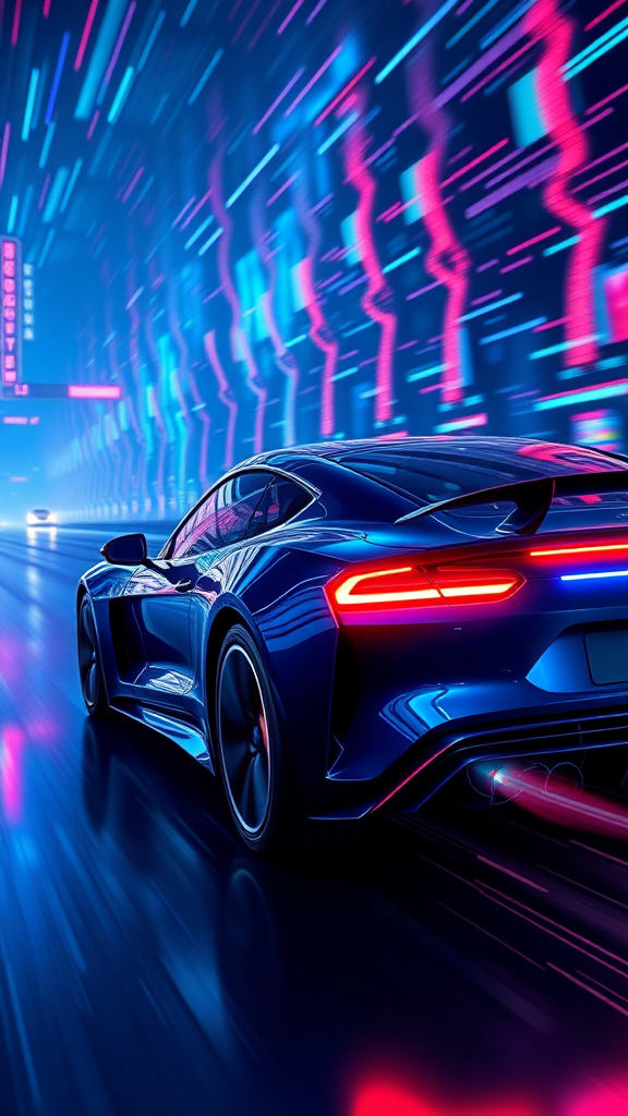 Please render the electric car racing in cyberspace in a realistic 3D manner. Make the background cyber-like and express it with a sense of speed with the "electric sparks". Make the overall color dark blue and draw it with a neon sign feel.