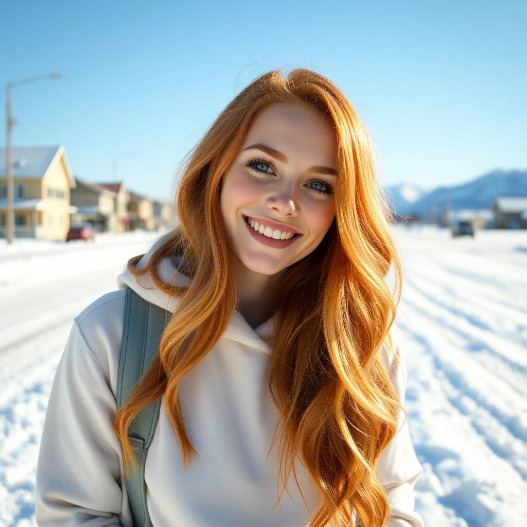 beautiful young woman with lush ginger cherry blonde long hair, full lips, on Alaska Anchorage happy in sunny snow