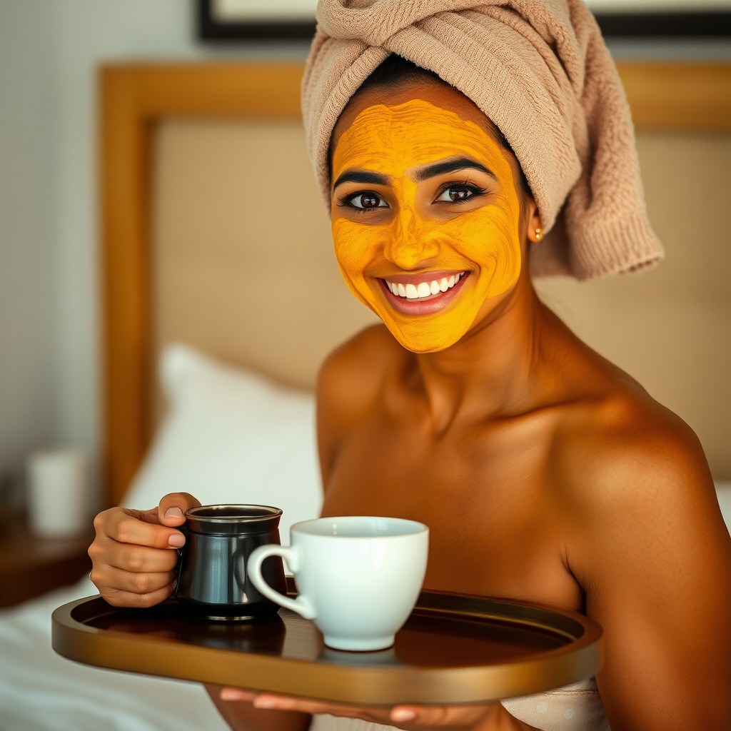 slim, 30 year old, indian wife, towel head, turmeric face mask. She is smiling and serving bedside coffee on a tray.