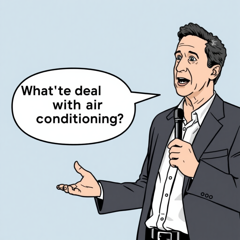 Jerry Seinfeld doing standup. Text bubble that says

“What’s the deal with air conditioning”