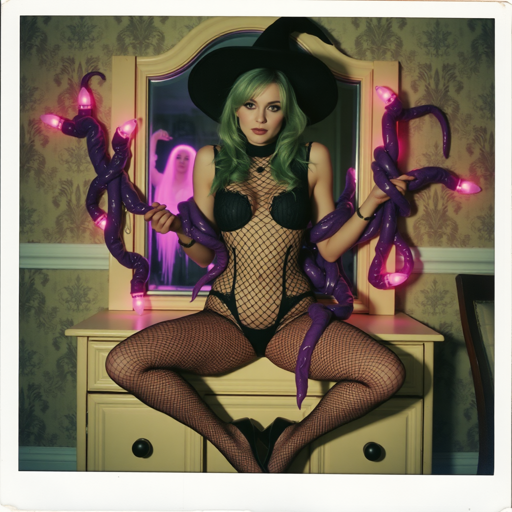 Scan of an nsfw old polaroid photograph with visible wear and heavy vignetting and blue color tint and light leaks, depicting a sexy pale curvy alt goth girl with green hair wearing skimpy fishnet black bodysuit and gstring revealing her nipples and wearing black stockings and high heels, sitting on a builtin vanity with mirror in old house with wallpaper on walls with her knees spread apart. Camera flash used. Dark lighting. Moody and hazy. Grunge look. Erotic. Nude. Pink Christmas Lights on wall. She is wearing a witch hat and is being restrained by giant glowing translucent slimy jello like purple vines dripping goo coming from inside glowing purple portal in the mirror, wrapping tightly around her arms and legs and torso. The vines are pulling her back towards the mirror.