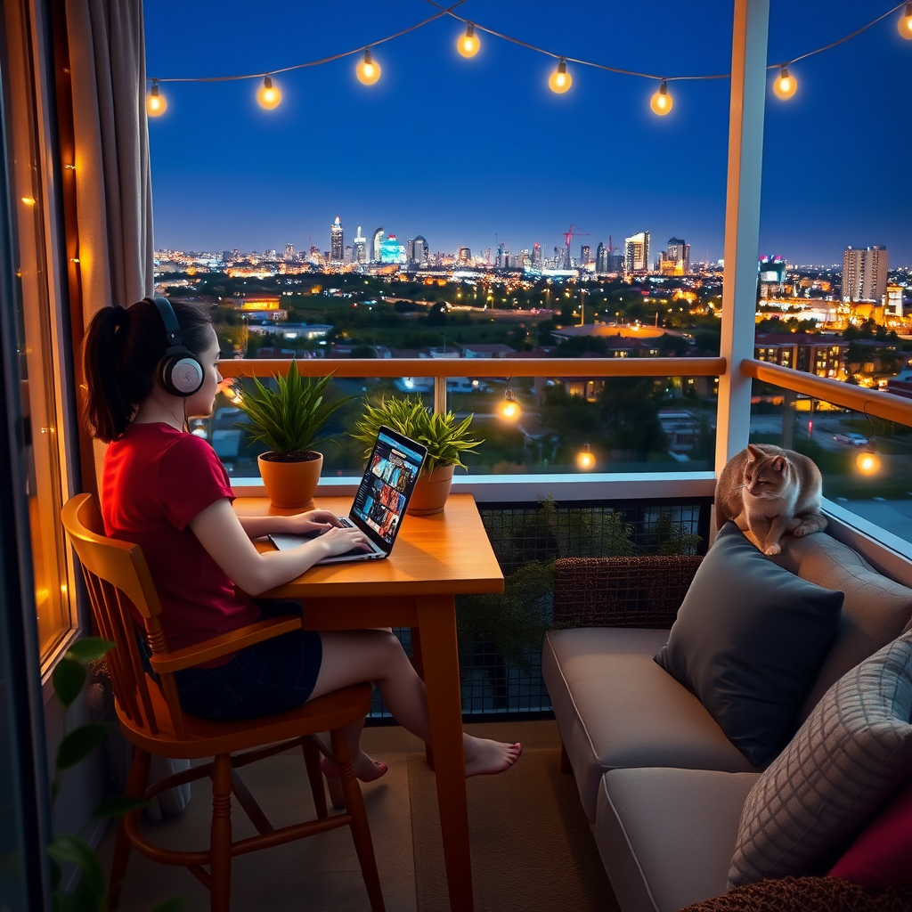 “A girl is wearing headphones and working on her laptop on a desk, sitting on a wooden chair on a cozy balcony at night.  
Next to her, a cat is resting peacefully on the balcony window.  
The balcony is decorated with plants, lights and a sofa with pillows, creating a calm and inviting atmosphere.  
The rural city skyline in the background adds a touch of city life to this tranquil setting.”