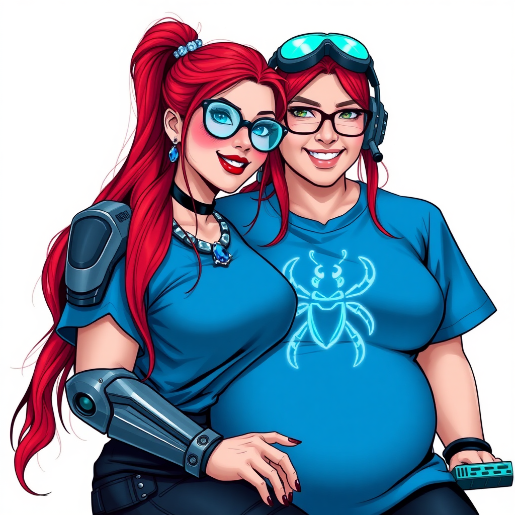 A cyberpunk vigilante’s full-figured intelligent and tech-savvy 29-year-old girlfriend, who is a computer hacker and tech genius. She has a long ruby red ponytail and bright blue eyes. She wears maximum blue lipstick, a sapphire beetle gemstone necklace, sapphire earrings, black eyeglasses, hi-tech metal arm armor, and an oversized maximum blue t-shirt featuring a neon blue glowing icon of a scarab beetle on its chest. She has a full-figured physique with a giant, round midsection, reflecting her well-cared-for lifestyle. She sports a sapphire headset with a hi-tech maximum turquoise lensed HUD, and a beaming smile with a passionate bright red blush. She serves as his tech expert from his hideout, diligently working at her lab table and computer desk. The background is solid white. She is drawn as if she was in a retro 2D cyberpunk fighting game.