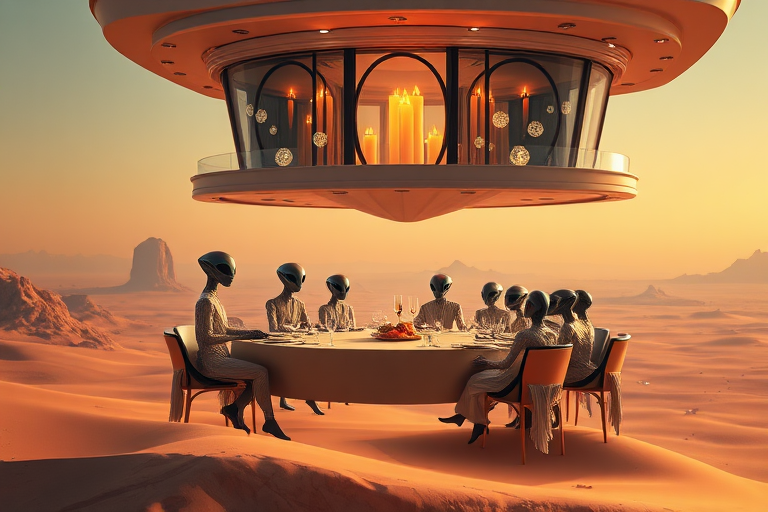 A floating mansion suspended above an alien desert landscape, featuring elegant alien guests seated at a long dining table. They have large glossy eyes reflecting floating candle-like orbs. The scene shows pulsing, glowing abstract food, guests dressed in feathered gowns and glass-like suits. Hyper-detailed photorealism, cinematic HD quality.