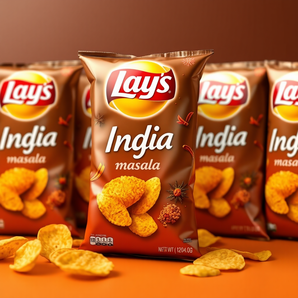 Redesign Lays chips India's magic masala packaging, featuring Indian spices with the Lays logo. Simple design eliminates patchy clips.