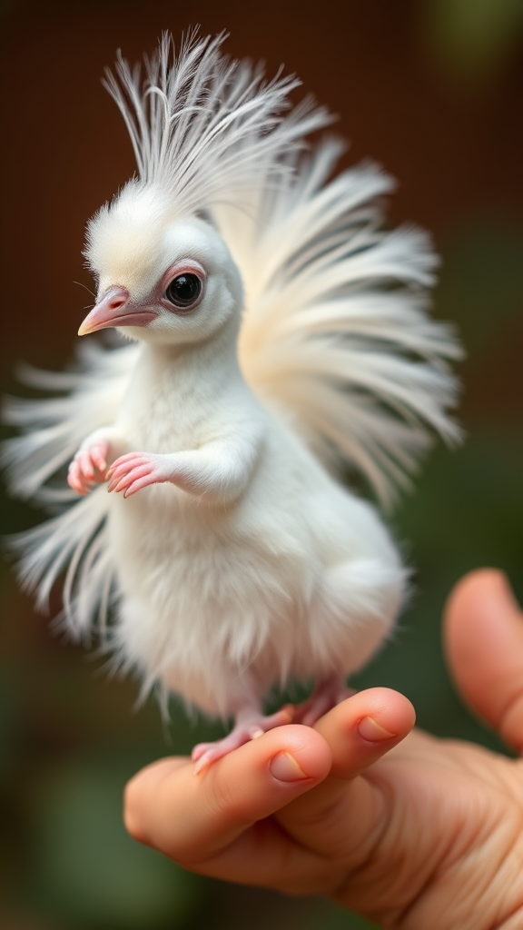 A small tiny cute chubby big eyes big perfect tail real white dancing peacock with tail on hand