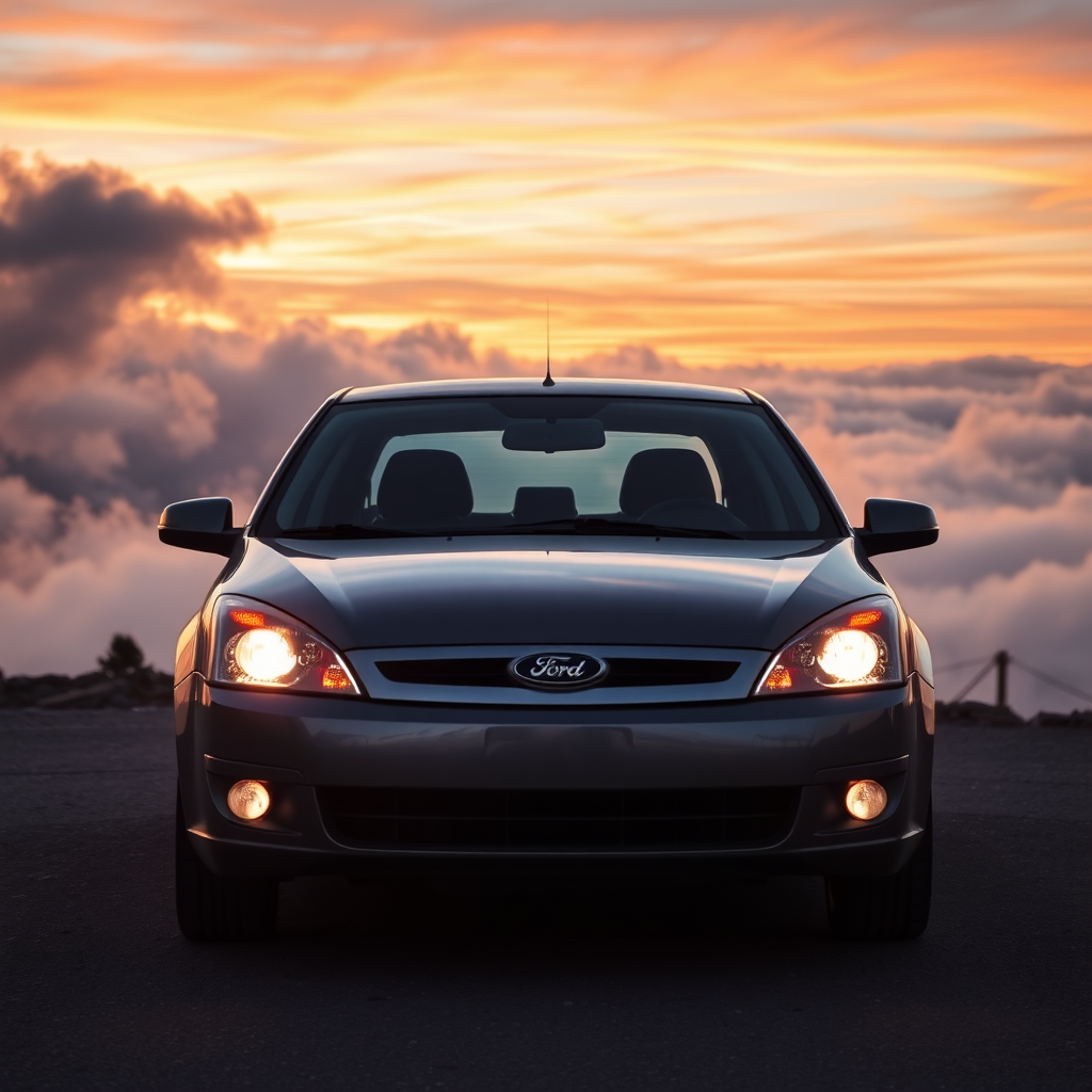 A METALLIC GRAY FORD FOCUS SEDAN YEAR 2008 WITH HEADLIGHTS ON SEEN FROM THE FRONT ON A MOUNTAIN ROAD AT SUNSET WRAPPED IN MULTICOLORED CLOUDS OF SMOKE