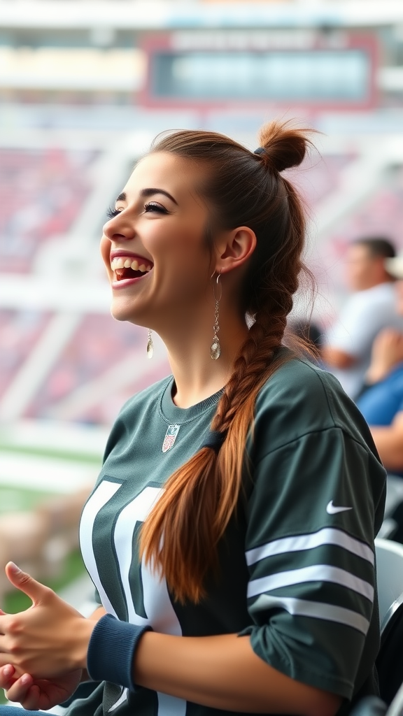 Attractive female NFL fan cheering, pigtail hair, bleacher row