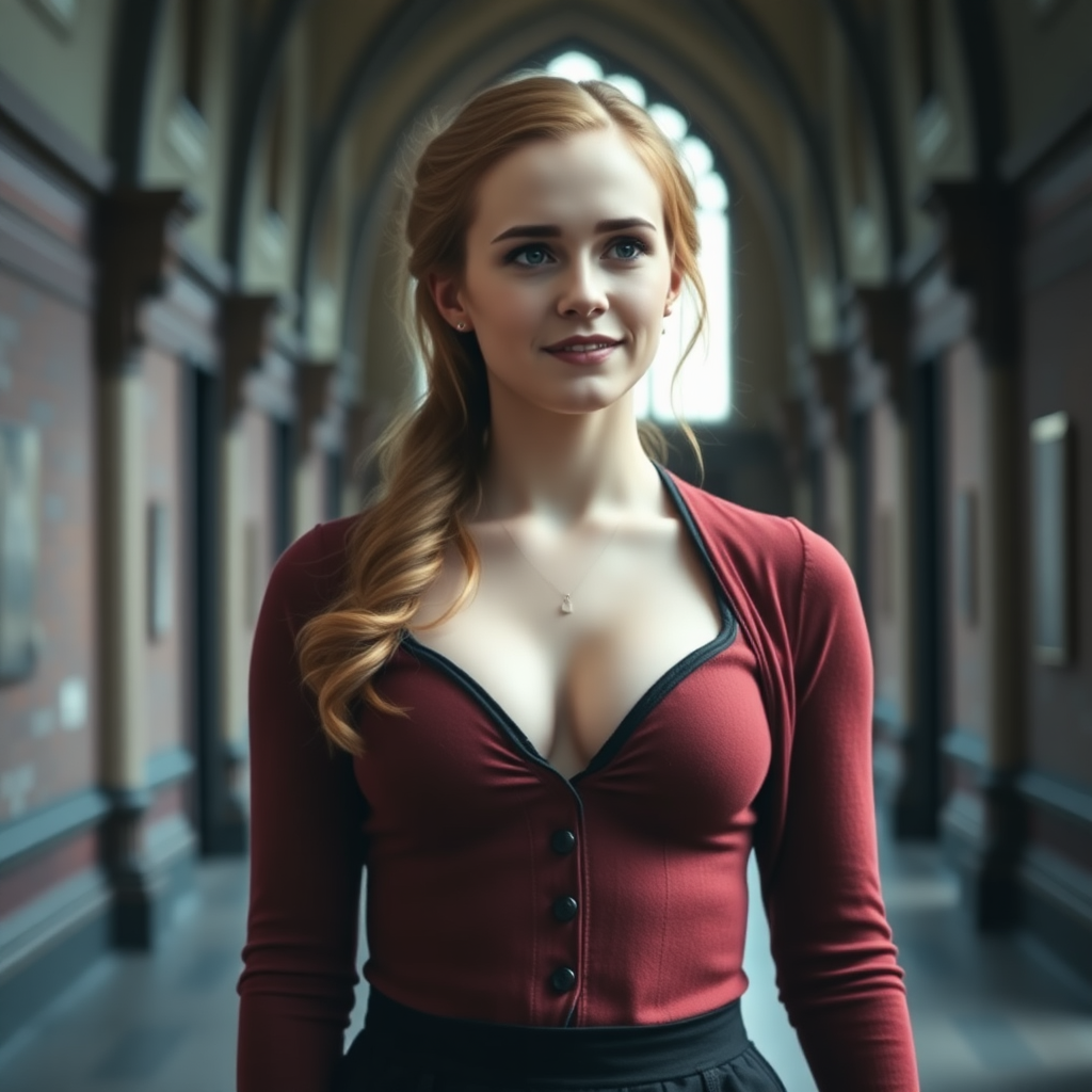 Emma Watson as Hermione Granger, 18-year-old, erotic, B cup, revealing Hogwarts uniform, cleavage, thoughtful smile, empty Hogwarts hallway, raw photo, 8k