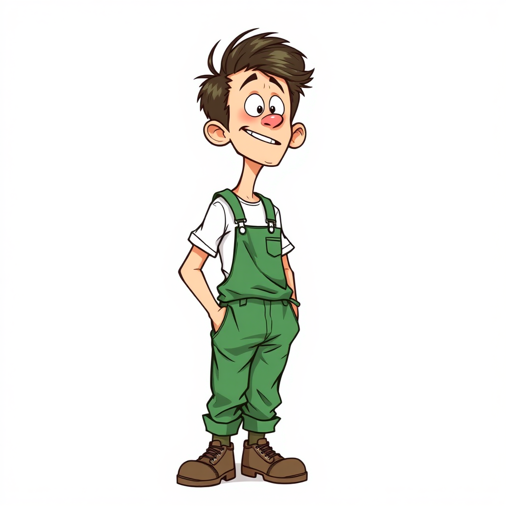 nervous small 15 year old european skinny man, long sleeves green rolled down coveralls, tense fabric, white t-shirt, standing, stunned, mesmerized, joyful, heavy drooling, heavy load in his pocket, side view, safety shoes, detailed feet, 2D, caricature, cartoon, Sketch lines, coloring book, coloring book,