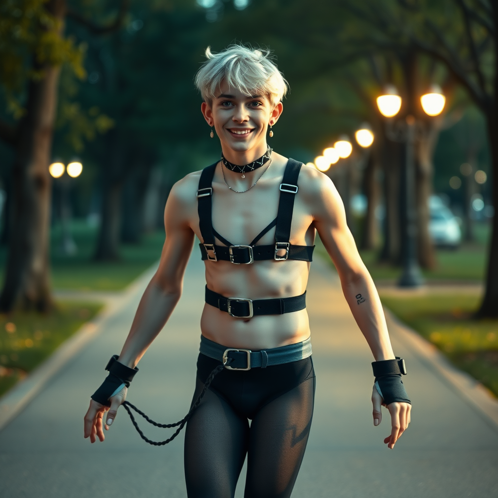 photorealistic, ultra high resolution, 16K, surreal fantasy, studio lighting, a pretty 16 year old goth boy, slim male physique, short blonde hair, goth makeup, earrings, pantyhose, harness, spikey dog collar and leash, trainer-bra, white ballet shoes, rollerblading in the park, excited smile, facing the camera.