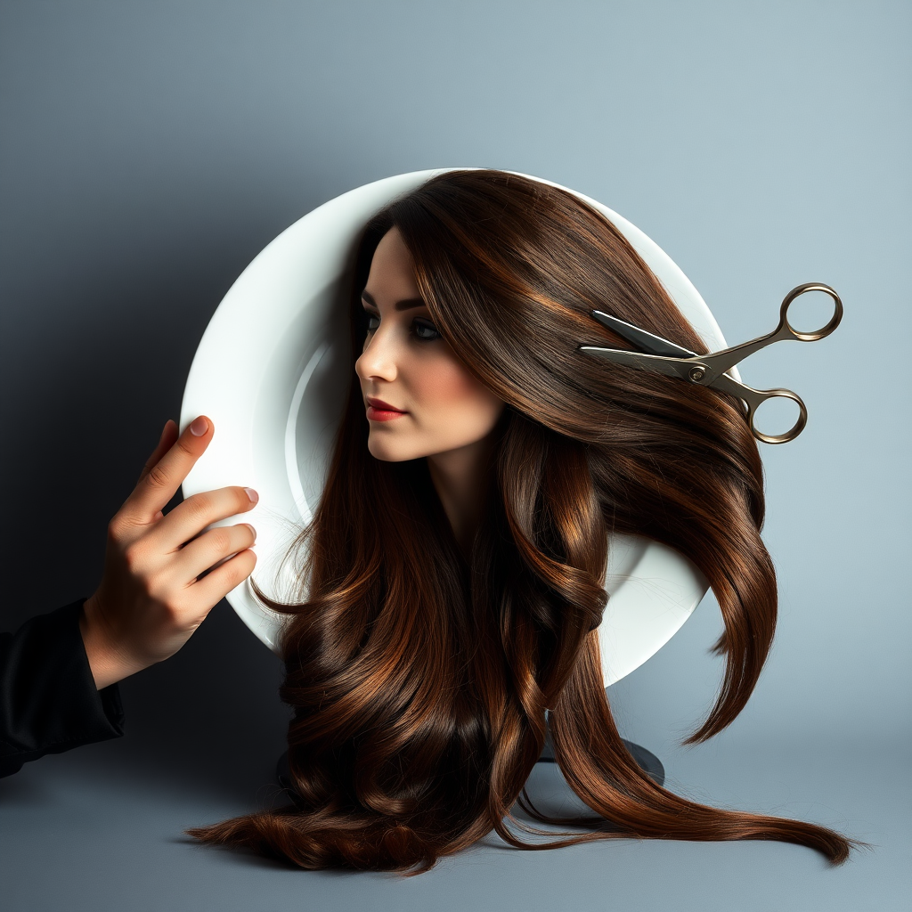 In a strikingly surreal scene, a beautifully crafted porcelain plate holds the disembodied head of a graceful Kate Middleton, her long, flowing hair cascading around like a luxurious waterfall of silky strands, shimmering in various shades of deep chestnut. Each hair seems to catch the light, creating an almost ethereal glow. Nearby, a meticulous hairdresser, dressed in a sleek black apron, carefully snips away at Kate's locks with precision scissors, their actions fluid and deliberate, emphasizing the delicate artistry of the moment.

The setting boasts minimalist decor, with a plain gray background that heightens the focus on this bizarre tableau. Soft shadows play across the smooth surface of the plate, enhancing the haunting beauty of Kate's serene expression, which conveys both elegance and an uncanny sense of stillness. The atmosphere is a blend of surreal calm and unsettling intrigue, pulling the viewer into a dreamlike space where reality and imagination intertwine. Gentle noises of scissors softly clipping away hair are the only sounds in this peculiar yet captivating scenario, heightening the tension and drawing viewers into this striking juxtaposition of beauty and the bizarre.