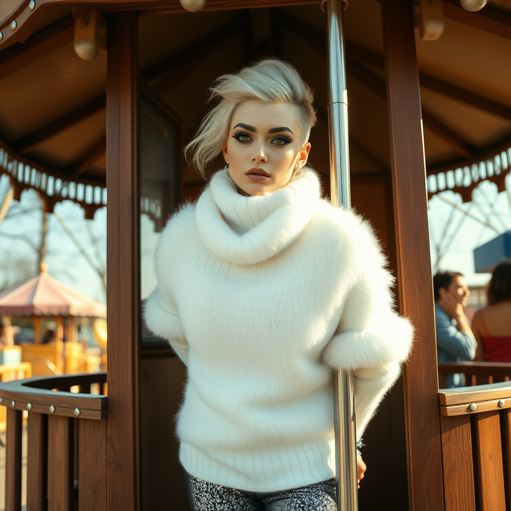 Amusement park wooden “kissing booth”, sunny spring Sunday morning. Sam, 19 years old beautiful involuntary femboy, rebellious intractable character, petite boyish figure, platinum blond boyish rebel punk hairstyle, flawless heavily made-up face with sharp arched tattooed eyebrows, wearing Supertanya-style fluffy very fuzzy bright white angora thigh-length turtleneck-poncho fully covering body and arms, silver-glitter leggings, black leather high-heeled pumps, silver earrings, both hands tied to pole behind back, standing inside kissing booth, waiting for next customer to kiss. Focus on Sam’s face and turtleneck-poncho.