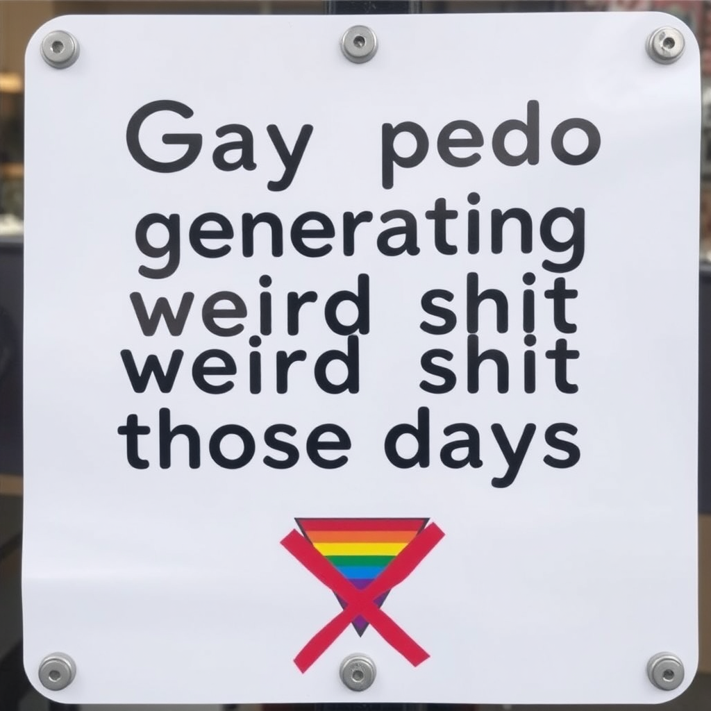 A sign saying "Gay pedo generating weird shit these days" and a logo of a pride flag icon under a red X mark.