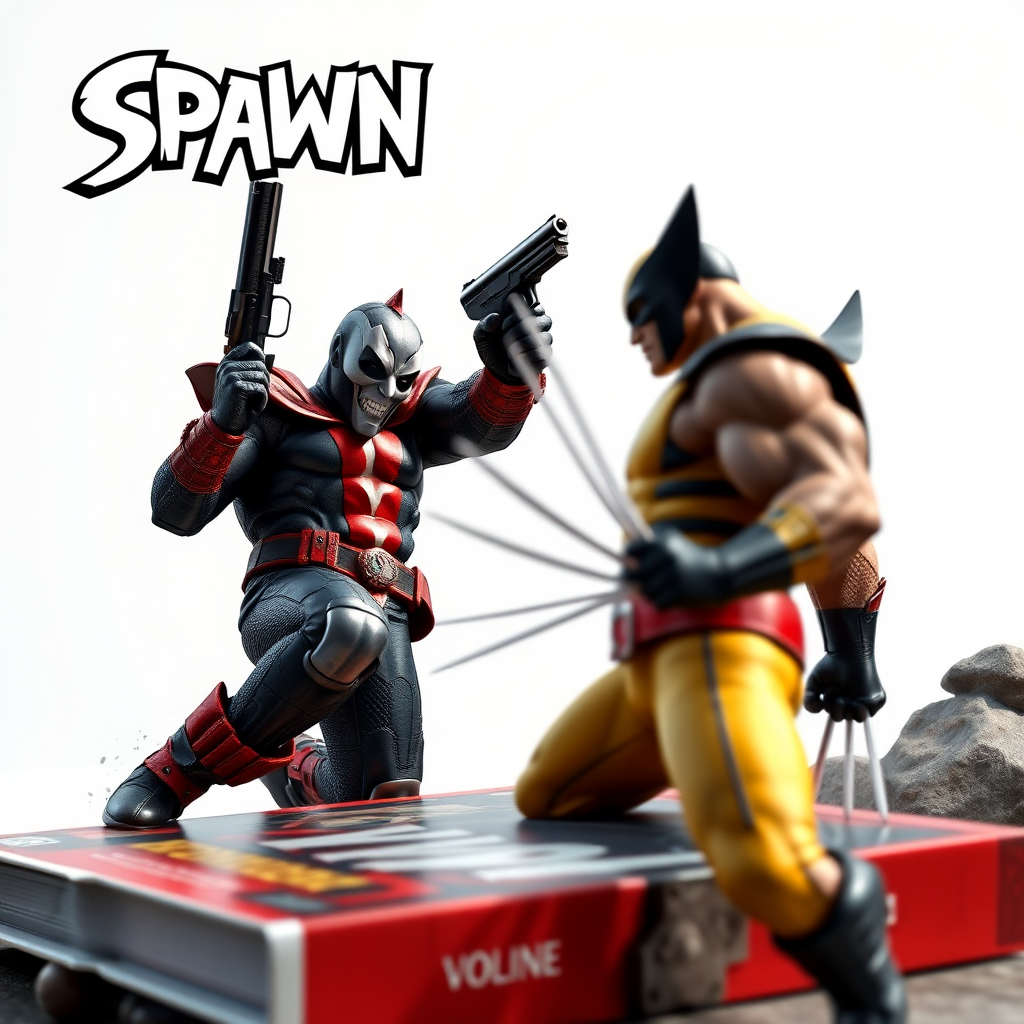 On a comic book cover is Spawn holding a gun Vs Wolverine in Cinematic Real3d photo-realistic quality.