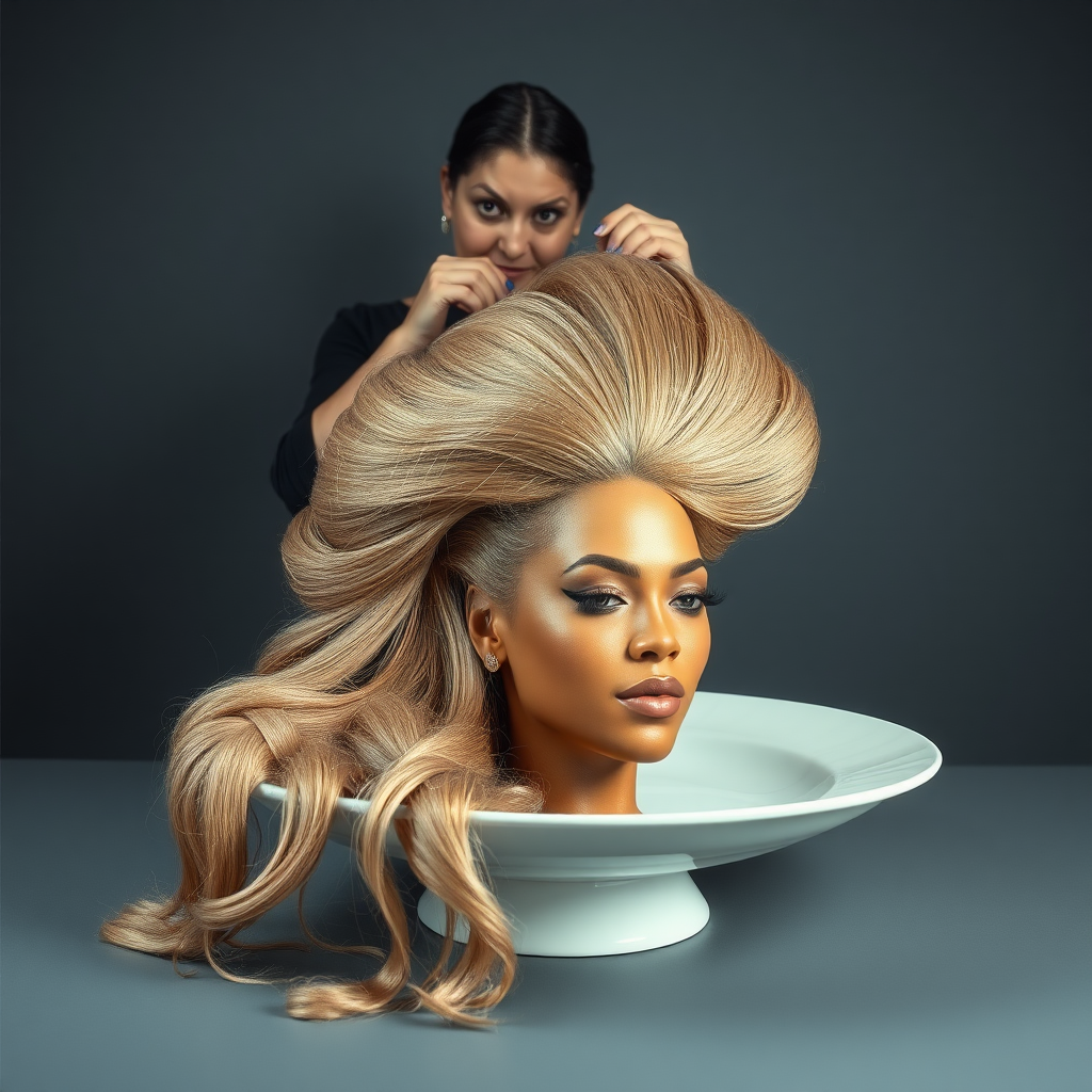 In a surreal and provocative scene, a beautifully tethered, disembodied head of Beyoncé rests gracefully on an elegant porcelain plate, her long, luxurious hair cascading like a waterfall of silky strands around the edges, creating a striking contrast against the stark, muted gray background. The sheen of her skin glows softly, exuding an air of ethereal beauty, while her chin rests delicately on the plate, poised and serene. Behind her, a skilled hairdresser, clad in chic black attire, stands with a focused expression, gently teasing and arranging her magnificent hair with nimble fingers, creating intricate patterns that defy gravity. The atmosphere is oddly intimate yet surreal, blending an appreciation of beauty with an unsettling twist, as soft light casts subtle shadows, enhancing the textures of both hair and porcelain. The air is filled with a quiet stillness, broken only by the subtle sound of the hairdresser’s scissors snipping rhythmically and the faint fragrance of hair products mingling with the cool air, heightening the unusual but captivating atmosphere of the scene.