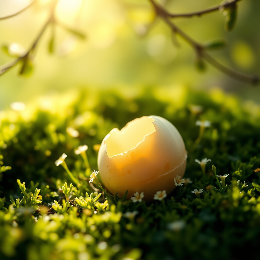 A close-up shot taken with a Fujifilm X-T4 using a 56mm f/1.2 lens captures a delicate egg nestled in a bed of soft, green moss. The egg is slightly cracked, with a gentle glow emanating from the inside, hinting at new life about to emerge. Surrounding the egg, small flowers bloom, symbolizing the beauty of growth and potential. The background is softly blurred, emphasizing the egg as the focal point, while dappled sunlight filters through overhead branches, creating a warm and nurturing atmosphere.