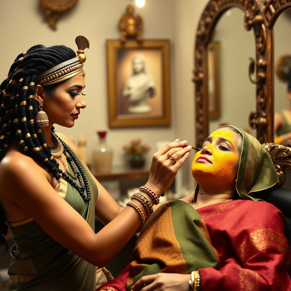 Cleopatra, working in a beauty parlour, giving a turmeric facial to a rich, traditional Indian wife.