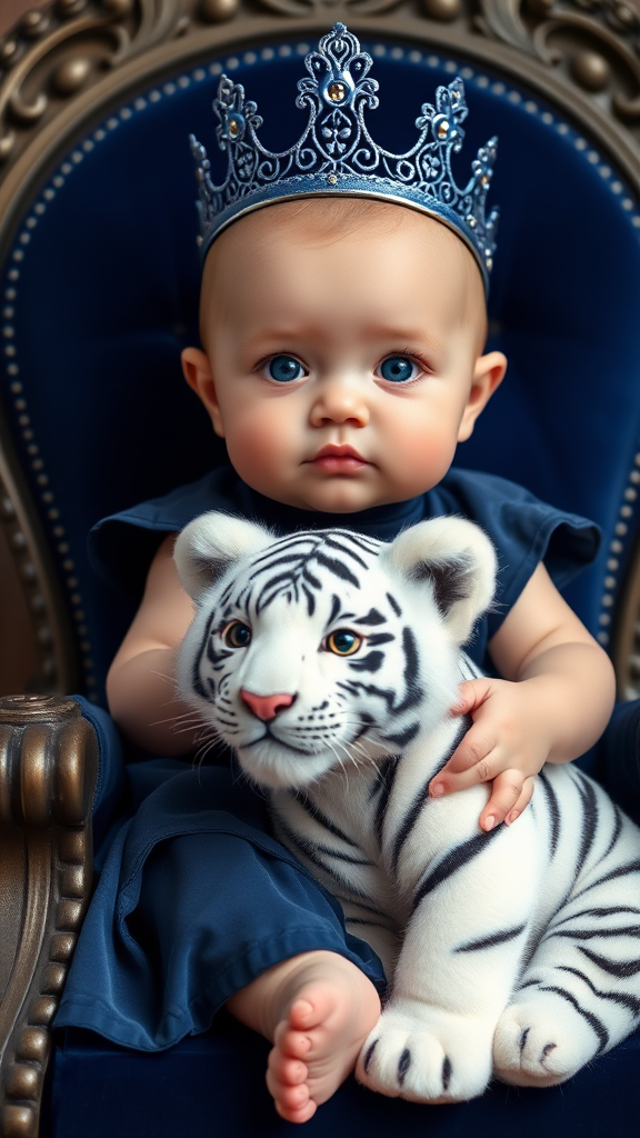 A cute small chubby fair baby with big eyes, pink lips, and pink cheeks, wearing a royal dark blue frock, sitting on a navy blue throne and holding a white fluffy cute tiger.