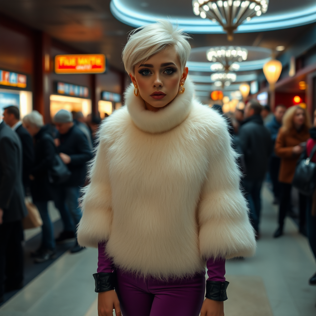 1990 winter evening, crowded cinema lobby: Sam, 19 years old beautiful involuntary femboy, rebellious intractable character, petite boyish figure, platinum blond boyish rebel punk hairstyle, flawless heavily made-up face with sharp arched tattooed eyebrows, wearing Supertanya-style fluffy very fuzzy bright white angora thigh-length turtleneck-poncho fully covering body and arms, purple stretch pants, black leather high-heeled pumps, gold earrings, puzzled alarmed, pout serious, impatiently waiting for her master. Full view, focus on Sam’s face and turtleneck-poncho.