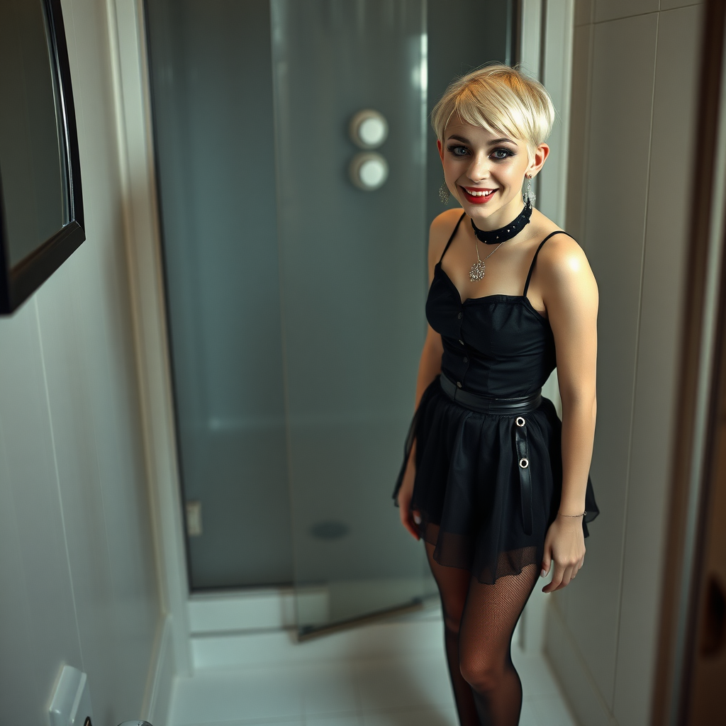 photorealistic, ultra high resolution, 16K, surreal fantasy, studio lighting, a 35 year old mother who is fully dressed for work is watching her pretty 14 year old goth son, slim male physique, short blonde hair, goth makeup, earrings, pantyhose, white ballet shoes, in the bathroom, excited smile, facing the camera.