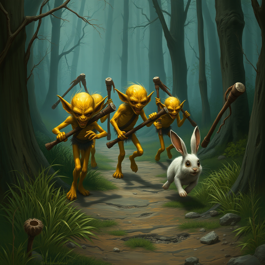 A realistic picture of several skinny, yellow goblins with wooden clubs chasing after a fleeing bunny along a forest path.