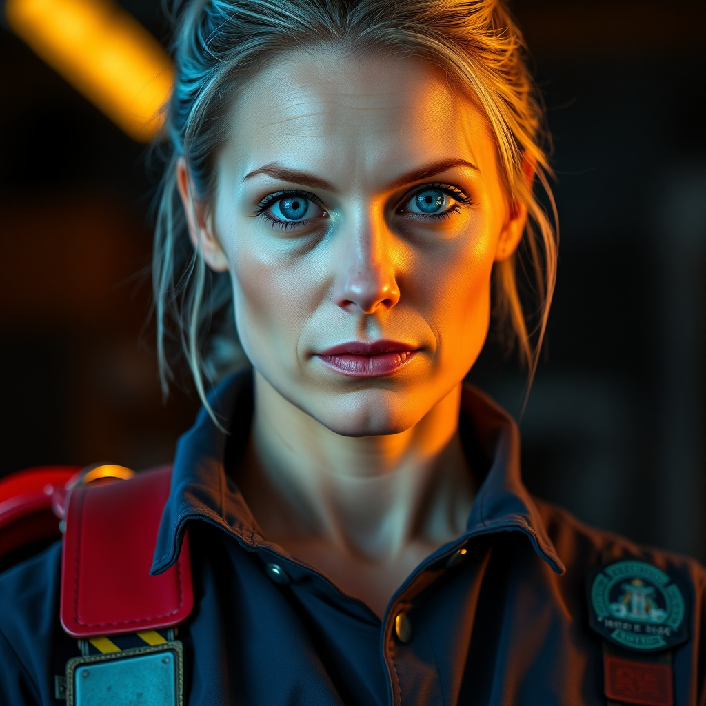 Portrait of a determined female Caucasian firefighter, mid-30s, with piercing blue eyes and ash-blonde hair tied back in a practical bun. Her face, lightly freckled and weathered from exposure, shows subtle laugh lines and a strong jawline. She wears a navy blue uniform with reflective strips, unbuttoned at the collar to reveal a hint of soot-stained skin. A red helmet is tucked under her left arm, bearing the emblem of her fire department. Her expression is a mix of confidence and compassion, with a slight furrow in her brow suggesting constant readiness. The portrait is lit dramatically, with warm orange tones reminiscent of firelight contrasting against cool blue shadows, creating depth and dimension. Shot with a medium format camera using a 85mm lens at f/2.8, capturing intricate details of her skin texture and uniform fabric. The background is slightly out of focus, hinting at a fire station interior. Composition follows the rule of thirds, with her eyes aligned on the upper intersection points. The overall mood is one of strength, dedication, and quiet heroism, embodying the spirit of modern firefighting professionals.