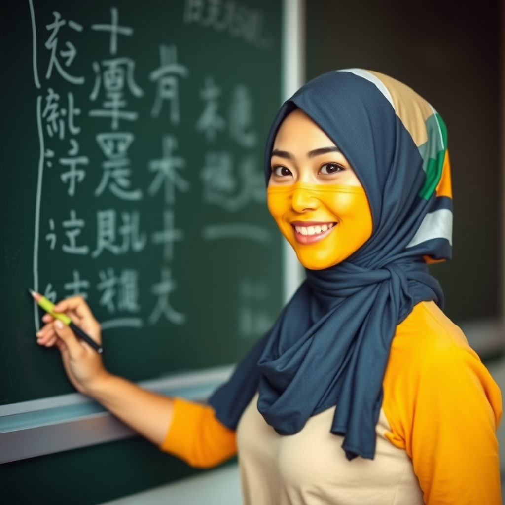 slim, 30 year old, sexy, chinese female school teacher, scarf head, turmeric face mask. She is smiling and teaching on a blackboard