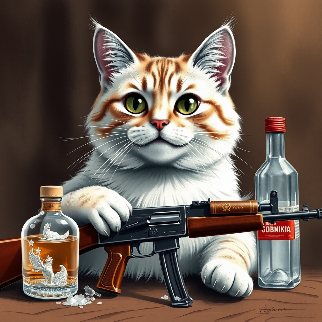 Soviet communist cat with an AK-47 and vodka