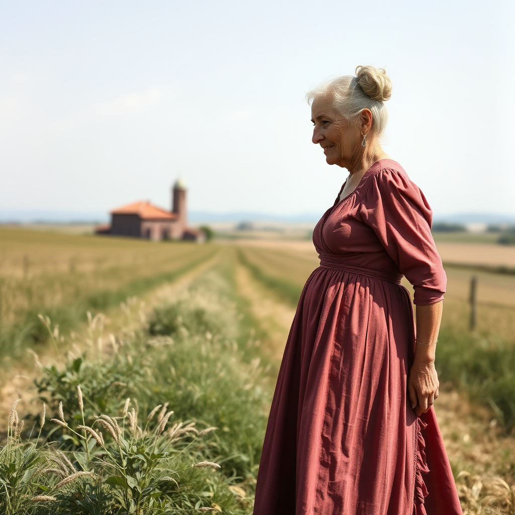 Old woman in a long dress in the Venetian countryside, hair tied up.