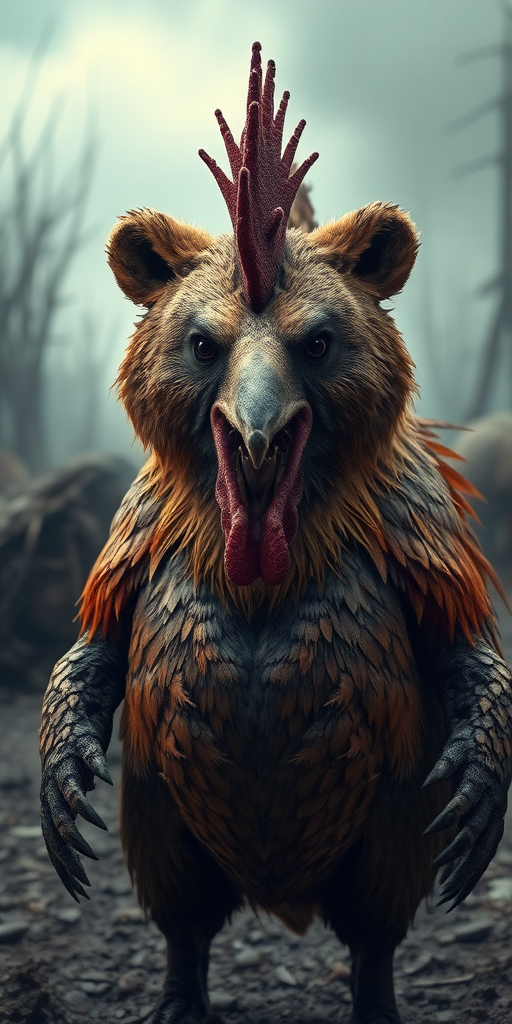 A creature with the head of a bear and the body of a rooster in a hyper-realistic apocalyptic setting.