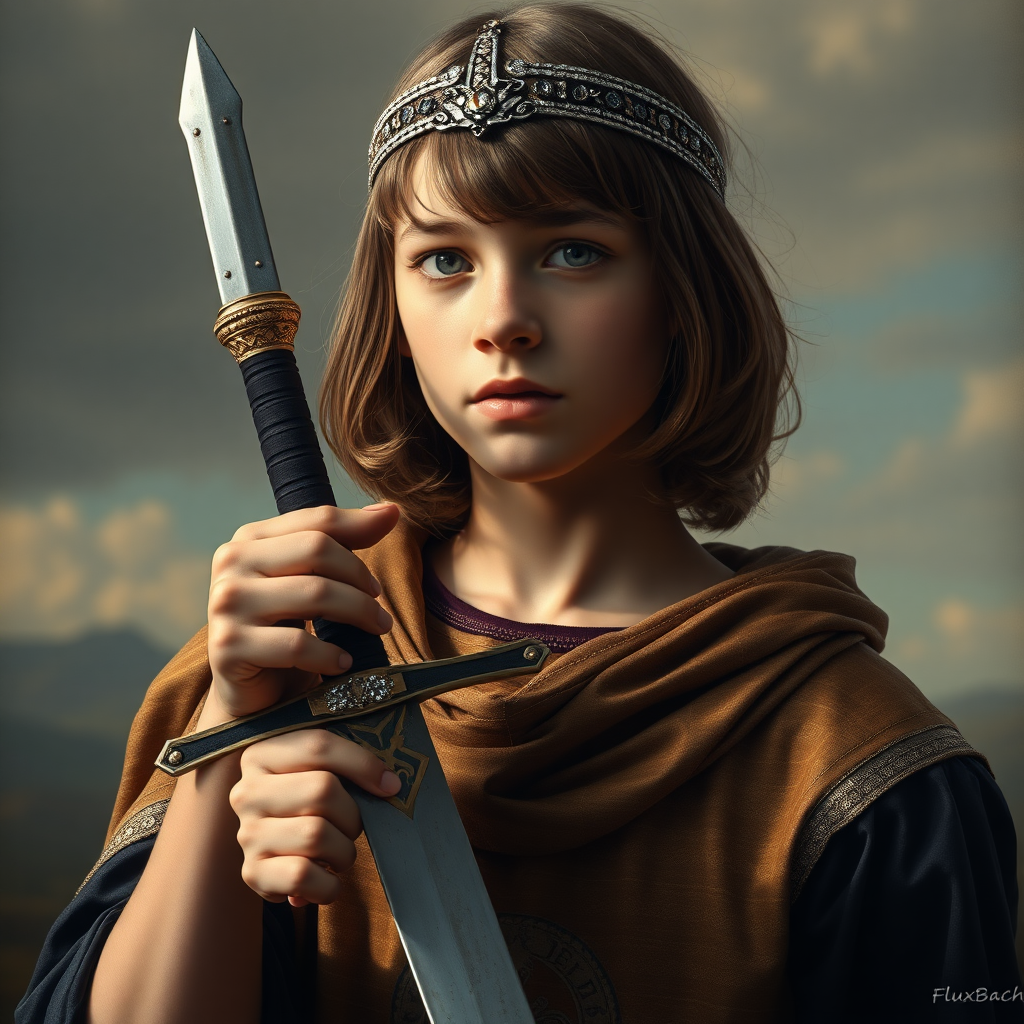 16yo teen boy prince holds his sword in his hand by the hilt with the point of the sword pointing to the upper of the image, long bob cut, embroidered with gold and diamonds medieval cloths, diamond diadem, and Beautiful War, natural Skin Texture, visualization of embossed Skin using the play of light and shadow. Free style by 50% Adolphe William Bouguereau and 15% Sandro Botticelli and 35% Otto Lomüller, The background is in the style of landscape style by Antonio del Polaiolo. Studio lighting, professional lighting. Generating the signature at the bottom: FluxBach. ultra high resolution, 16K,