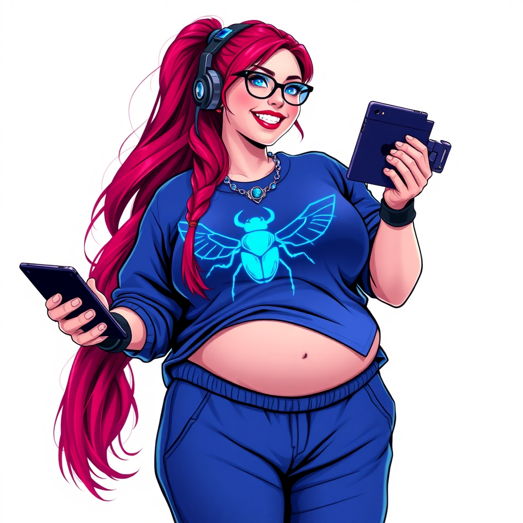 A cyberpunk vigilante’s full-figured intelligent and tech-savvy 29-year-old girlfriend, who is a computer hacker and tech genius. She has a long ruby red ponytail and bright blue eyes. She wears a sapphire beetle gemstone necklace, an oversized Maximum Blue (RGB 71, 171, 204) t-shirt featuring a neon blue glowing chest icon of a winged beetle, and matching Maximum Blue (RGB 71, 171, 204) sweatpants. She has a full-figured physique with a prominent, gargantuan, well-rounded midsection, reflecting her well-cared-for lifestyle. Her midsection is heavily emphasized. She sports a sapphire headset with a hi-tech sapphire lensed HUD visor, Maximum Blue (RGB 71, 171, 204) lipstick, black eyeglasses, and a beaming smile with a passionate bright red blush. Despite her figure and a lack of self-esteem, she radiates an air of beauty. She has an angular face which contributes to her radiant beauty. She serves as his tech expert from his hideout, holding a holographic tablet and a hi-tech tool wrench. The background is solid white. She is drawn as if she was in a retro 2D cyberpunk fighting game. Make sure her outfit covers her midsection.