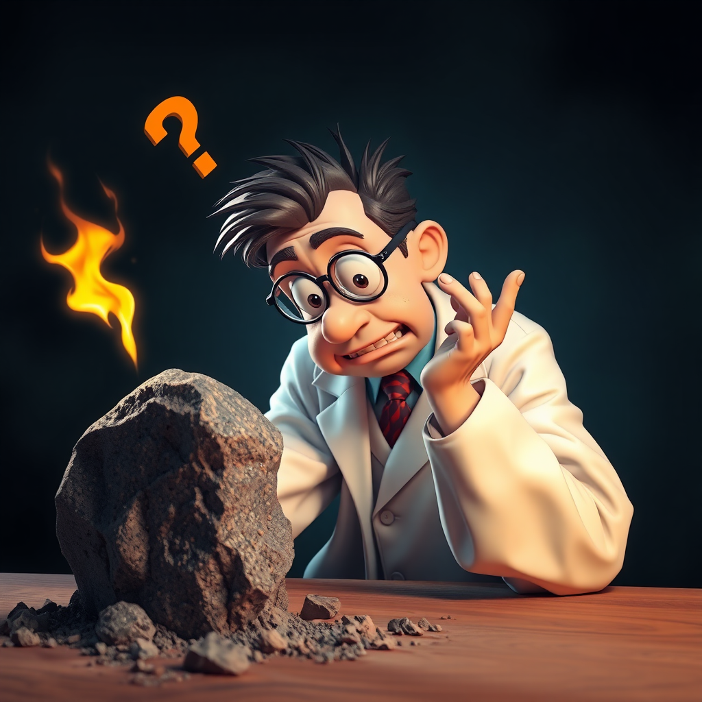 scientist looking a simple rock very curiously and overreacting, showing a lot of emotions