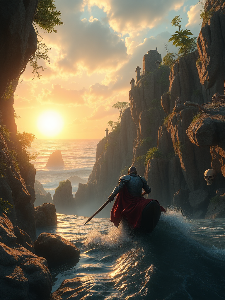 an epic cinematic low camera angle movie matte painting of a wounded knight navigating a precarious river surrounded by imposing cliffs with interesting rock formations and embedded ruins, foliage, trees, hanging vines and sporadic dead skeletons and armor from dead warriors from a long ago battle, in the cliffs reveal background the ocean in a sunset with a big sun and dramatic clouds