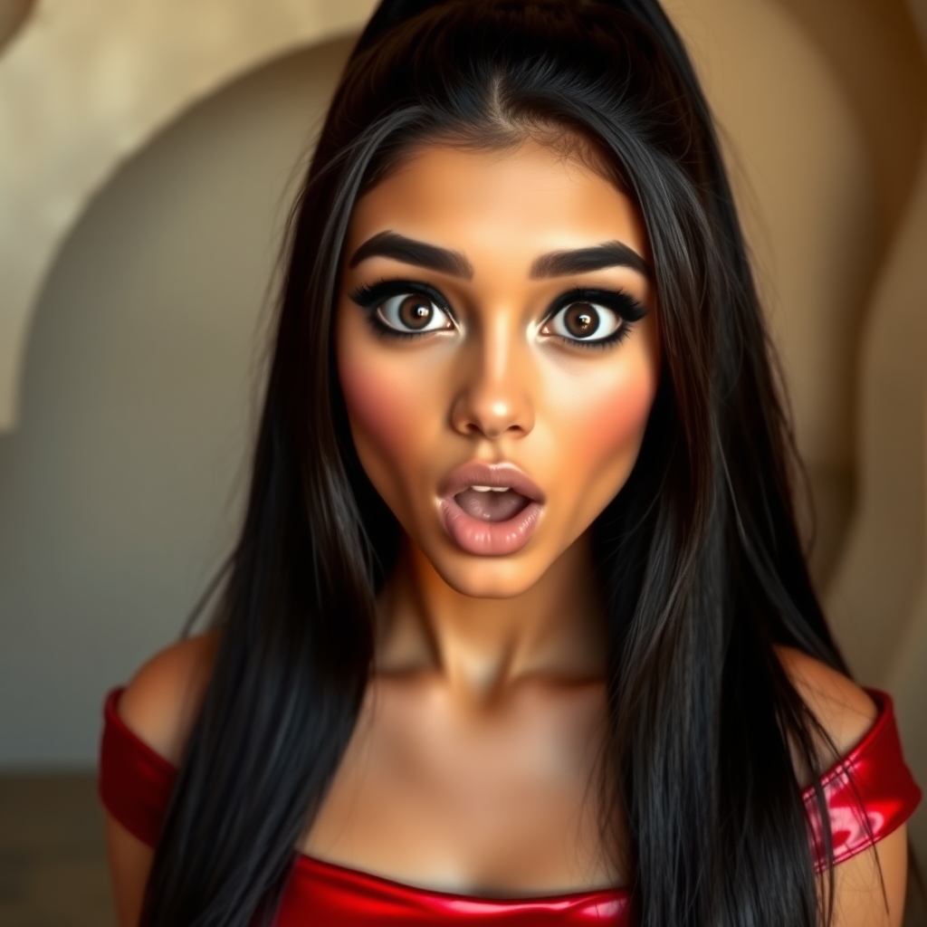 surprised Arabian girl with mouth open. She has very large eyes, black eyeshadow, black eyeliner, fake eyelashes, very tanned skin, very long hair. very high ponytail, red off shoulder shinny crop top. photo realistic, long straight black hair. crop top, pencil skirt, micro skirt, long legs.