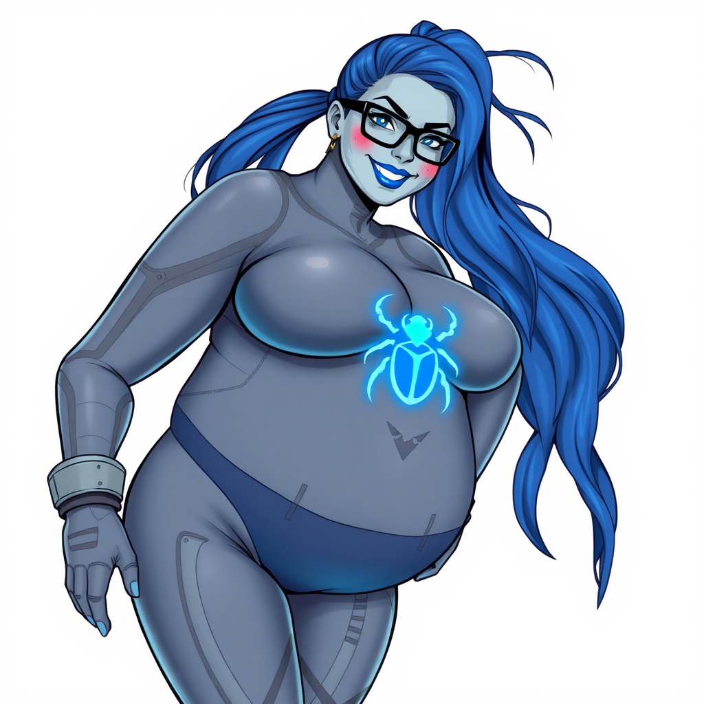 A 28-year-old computer science major embracing her new life as her cyberpunk vigilante boyfriend's nerdy, full-figured, heavily pampered, middle gray skinned computer program hybrid girlfriend and digital sidekick with a long, maximum blue ponytail. She wears maximum blue lipstick and has bright blue eyes. Her outfit includes a digital, computerized, middle gray bodysuit (accentuating her gargantuan midsection) featuring a neon blue glowing beetle chest icon. She sports black eyeglasses, with a beaming smile and neon red blush. Her full figure reflects the doting care of her vigilante boyfriend. She uses her power to hack into computers and machines to serve as her hero's minicomputer who operates out of his hi-tech wristwatch and supercar's supercomputer. The background is solid white. She has a prominent, round, gargantuan midsection. Her midsection is bloated to emphasize her physique. Her middle gray metallic skin highlights her digital nature. She is drawn as if she was in a retro 2D cyberpunk fighting game.